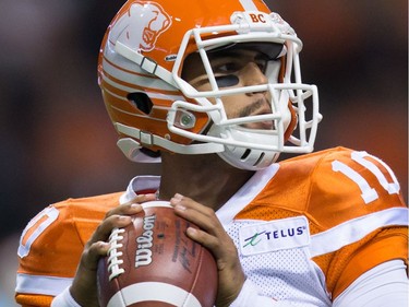 B.C. Lions quarterback Jonathon Jennings passes against the Ottawa Redblacks during the first half of a CFL football game in Vancouver, B.C., on Saturday October 1, 2016.