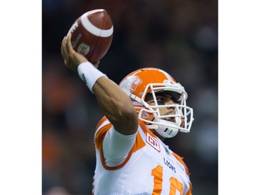 B.C. Lions' quarterback Jonathon Jennings passes against the Ottawa Redblacks during the first half of a CFL football game in Vancouver, B.C., on Saturday October 1, 2016.