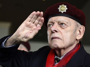Korean War Veteran, Edward Mastronardi, salutes during a ceremony to mark the 65th Anniversary of the Battle of Kapyong at the Canadian War Museum Friday April 22, 2016. Mastronardi, a Military Cross winner who served in all three branches of the Canadian Forces, died last week at the Perley and Rideau Veterans’ Health Centre. He was 90.