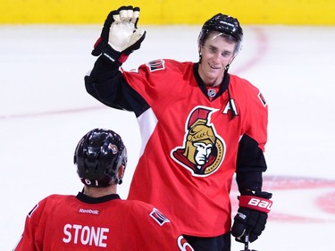 Ottawa Senators center Kyle Turris celebrates his game winning over-time goal with teammate Ottawa Senators right wing Mark Stone against the Toronto Maple Leafs in NHL hockey action in Ottawa on Wednesday, Oct. 12, 2016.