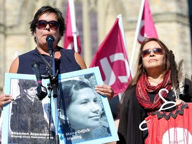 Laurie Odjick (left), whose 16-year-old daughter, Maisy, went missing in 2008, addresses the crowd.  Prime Minister Justin Trudeau, along with a number of his female cabinet ministers, made a surprise visit to a vigil for missing and murdered Indigenous women, girls and Two-Spirit people (MMIWG2S) Tuesday (Oct. 4, 2016) on Parliament Hill.