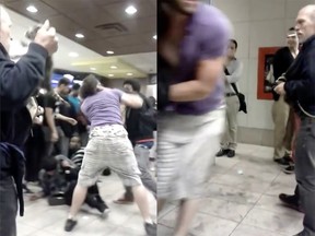A raccoon is pulled out of a man's sweater during a fight at the McDonald's restaurant on Rideau Street in 2014. The raccoon is pictured here, in screenshots taken from a YouTube video of the fight.