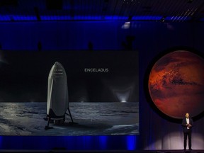 Tesla Motors CEO Elon Musk speaks about the Interplanetary Transport System which aims to reach Mars with the first human crew in history, in the conference he gave during the 67th International Astronautical Congress in Guadalajara, Mexico on September 27, 2016. /