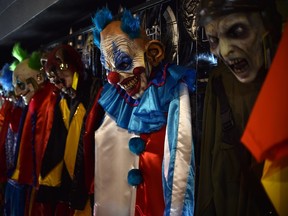 Clown costumes are displayed for sale at a store in Mexico City.