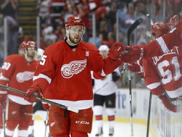 Detroit Red Wings defenseman Mike Green celebrates his goal against the Ottawa Senators in the first period.