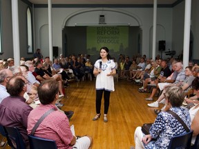 Minister of Democratic Institutions and Peterborough-Kawartha MP Maryam Monsef addresses the crowd during a town hall meeting on electoral reform at the Mount Community Centre on Tuesday, September 6, 2016.