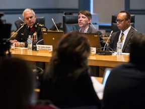 OPS Chief Charles Bordeleau (L), Dr. Lesley Jacobs, and  Dr. Lorne Foster of the York Research Team during the presentation of the findings from the Race Data and Traffic Stops in Ottawa, 2013-2015 submitted to the Ottawa Police Services Board and Ottawa Police Service.