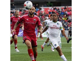 Ottawa Fury FC player Kyle Porter (19) gains the possession of the ball as New York Cosmos player Yohandry Orozco (19) chases him during the NASL match between Fury FC and Cosmos held at TD Place on Sunday, Oct. 9, 2016.