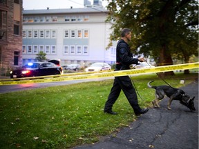 Ottawa Police Guns and Gangs detectives, uniform officers and Canine were on Ohio Street near the Billings Bridge area of Ottawa after a shooting took place Sunday October 2, 2016.
