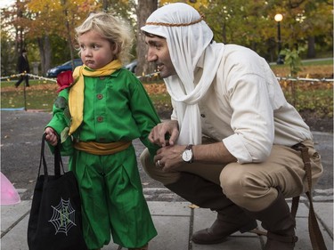 Prime Minister Justin Trudeau, dressed as the pilot from The Little Prince movie, with his youngest child Hadrien, dressed as The Little Prince, during Halloween celebrations on the grounds of Rideau Hall on Monday October 31, 2016. Errol McGihon/Postmedia
