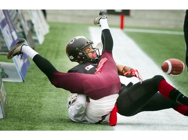 The Ravens' Nate Behar and the Gee-Gees' Cody Cranston tumble out of bounds.