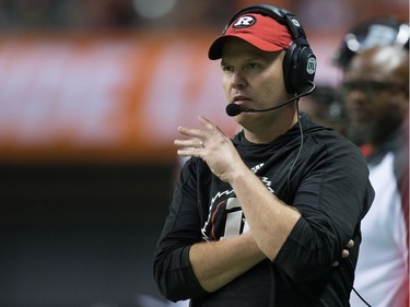 Ottawa Redblacks' head coach Rick Campbell watches from the sideline during the second half of a CFL football game against the B.C. Lions in Vancouver, B.C., on Saturday October 1, 2016.