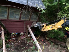 An elderly man in Chelsea who became pinned underneath a shed luckily had a cellphone on him to call for help, MRC des Collines said.