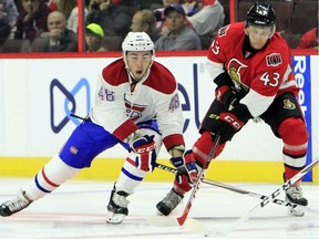 The Senators' Ryan Dzingel battles the Montreal Canadiens' Daniel Audette in Ottawa on Saturday, Oct. 1, 2016. Dzingel's speed has been a factor in preseason games.