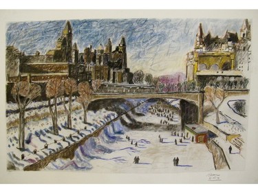 Skaters on the canal by Al Skaw, part of his solo show at Wallack Galleries until Nov.. 29.