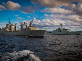 Her Majesty's Canadian Ship (HMCS) ATHABASKAN  performs a Replenishment at Sea (RAS) approaches with Spanish Auxiliary ship EPS PATINA during  Exercise Spartan Warrior, on October 25, 2016.

Please Credit: Tony Chand
Formation Imaging Services 
© Crown Copyright DND/MDN
