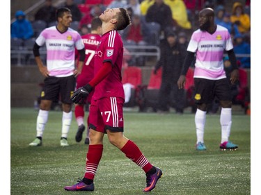 The Ottawa Fury's Carl Haworth reacts after just missing.