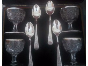 These silver-rimmed cut-glass egg cups differ from the more usual sterling silver versions, and are quite rare. With a set of matching spoons, they could be worth more than $1,000.