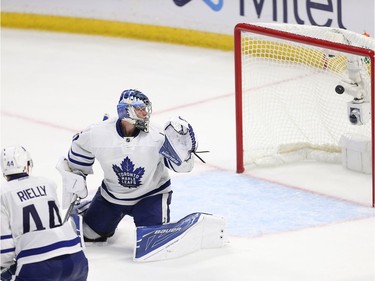 Toronto goalie Frederik Andersen looks back at the winning goal in the overtime period as the Ottawa Senators get set to take on the Toronto Maple Leafs in NHL action at the Canadian Tire Centre. Wayne Cuddington/ Postmedia