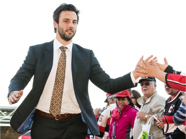 OTTAWA, ON - OCTOBER 12: Derick Brassard #19 of the Ottawa Senators arrives on the red carpet prior to the start of the home opener against the Toronto Maple Leafs at Canadian Tire Centre on October 12, 2016 in Ottawa, Ontario, Canada.