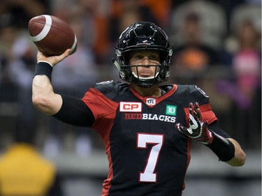 Ottawa Redblacks' quarterback Trevor Harris passes against the B.C. Lions during the first half of a CFL football game in Vancouver, B.C., on Saturday October 1, 2016.