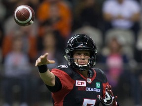 Ottawa Redblacks' quarterback Trevor Harris passes against the B.C. Lions during the first half of a CFL football game in Vancouver, B.C., on Saturday October 1, 2016.