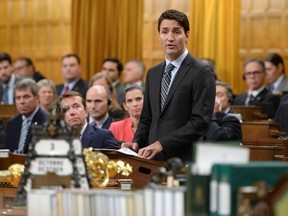 Prime Minister Justin Trudeau delivers a speech at the start of the Paris Agreement debate in the House of Commons on Parliament Hill in Ottawa on Monday, Oct. 3, 2016. THE CANADIAN PRESS/Sean Kilpatrick ORG XMIT: SKP103