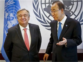 UN Secretary-General Ban Ki-moon, right, meets with Secretary-General-designate, Antonio Guterres, left, at UN headquarters.