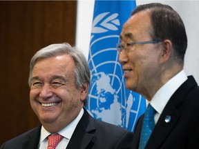 United Nations Secretary General-designate Antonio Guterres (left) and outgoing Secretary General Ban Ki-moon are shown at the United Nations headquarters in New York City last week. Guterres, a former prime minister of Portugal, will replace Ban Ki-moon in January, 2017.
