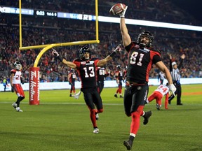 Patrick Lavoie #81 of the Ottawa Redblacks scores a touchdown during the first half of the 104th Grey Cup Championship Game against the Calgary Stampeders at BMO Field on November 27, 2016 in Toronto, Canada.