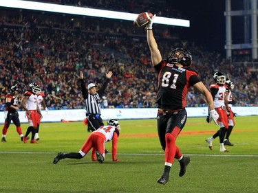 TORONTO, ON - NOVEMBER 27: Patrick Lavoie #81 of the Ottawa Redblacks scores a touchdown during the first half of the 104th Grey Cup Championship Game against the Calgary Stampeders at BMO Field on November 27, 2016 in Toronto, Canada.