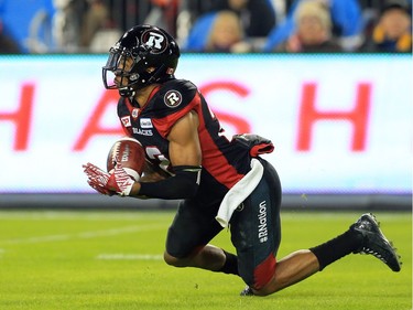 TORONTO, ON - NOVEMBER 27:  Jeff Richards #22 of the Ottawa Redblacks intercepts the ball during the first half of the 104th Grey Cup Championship Game against the Calgary Stampeders at BMO Field on November 27, 2016 in Toronto, Canada.