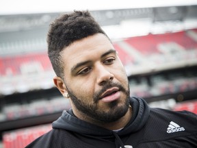 #94 Cleyon Laing talks to media after the Redblacks practice at TD Place Thursday November 17, 2016.