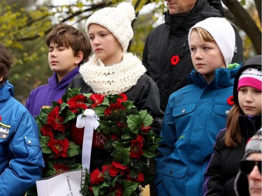 - About 270 kids from Regina Public School and Dr. F.J. MacDonald Catholic School walked to Remembrance Day ceremonies at the Flanders Field Mosaic Memorial at Britannia Park Friday (Nov. 11, 2016) morning.  Parents, teachers and community members joined the kids, who read poems, sang songs and placed their poppies on wreaths after the service.