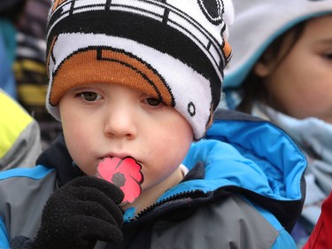 About 270 kids from Regina Public School and Dr. F.J. MacDonald Catholic School walked to Remembrance Day ceremonies at the Flanders Field Mosaic Memorial at Britannia Park Friday (Nov. 11, 2016) morning.  Parents, teachers and community members joined the kids, who read poems, sang songs and placed their poppies on wreaths after the service.