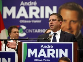 André Marin of the Ontario PCs talks to his supporters after losing the Ottawa-Vanier byelection , November 17, 2016.