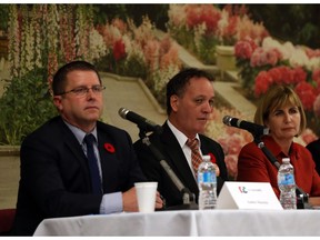 Andre Marin (L), Ontario PC, Claude Bisson, Ontario NDP, Nathalie Des Rosiers, Liberal Party (R) debated in the Ottawa-Vanier all candidates forum held in Ottawa, November 10, 2016.
