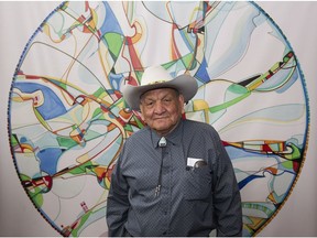 Cold Lake First Nation artist Alex Janvier unveiled the mosaic concept art he created for Edmonton's new downtown arena, March 23, 2015.  The octogenarian artist has a new showat the glalery, and is giving several works about his works and life.