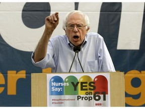 Former presidential candidate Sen. Bernie Sanders, of Vermont, speaks in support of Proposition 61, on prescription drug pricing, in Sacramento, Calif. on Monday. Sanders became an unexpected force to be reckoned with in a volatile election season.
