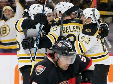 Boston Bruins celebrates their goal from David Pasternak near the end of the first period, putting them up 1-0 against the Ottawa Senators Thursday (Nov.4, 2016) at Canadian Tire Centre in Ottawa.