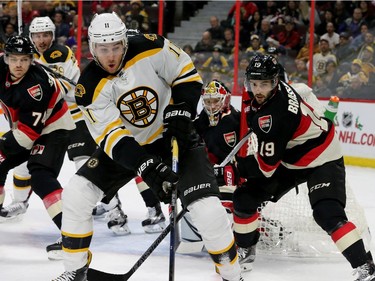 Boston's Jimmy Hayes manages the puck around Ottawa's net during first-period action of the Ottawa Senators matchup against the Boston Bruins Thursday (Nov.4, 2016) at Canadian Tire Centre in Ottawa.