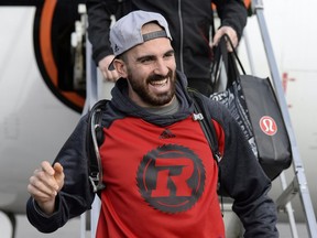 Ottawa Redblacks Brad Sinopoli waves after arriving in Ottawa after winning the Grey Cup, against the Calgary Stampeders, on Monday, Nov. 28, 2016.