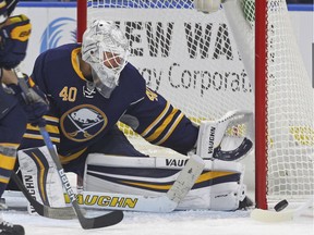 Buffalo Sabres goalie Robin Lehner makes a save during the second period of the team's NHL hockey game against the Buffalo Sabres, Wednesday, Nov. 9, 2016, in Buffalo, N.Y.