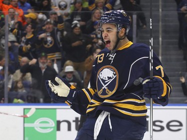 Buffalo Sabres Nicholas Baptiste celebrates his goal during the first period of an NHL hockey game against the Ottawa Senators, Wednesday, Nov. 9, 2016, in Buffalo, N.Y.