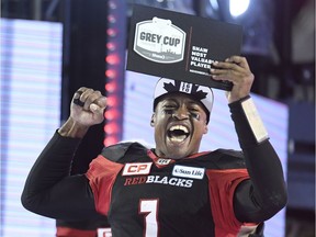 Ottawa Redblacks Henry Burris is named game MVP after his team's win over the Calgary Stampeders in the Grey Cup in Toronto on Sunday, November 27, 2016.