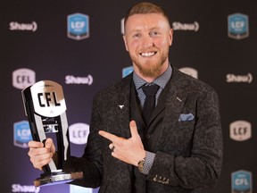 Calgary Stampeders quarterback Bo Levi Mitchell poses backstage after being named Most Outstanding Player at the CFL Awards held in Toronto on Thursday, November 24, 2016.