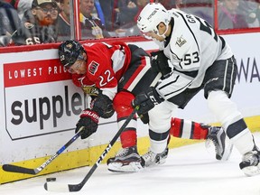 Chris Kelly of the Ottawa Senators is hit from behind by Kevin Gravel of the Los Angeles Kings on Friday, Nov. 11, 2016 at the Canadian Tire Centre. Speaking about the Senators' successful penalty killing, Kelly said, 'I think our reads are getting much better. We’re knowing when to force and when not to force.'