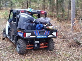 County of Renfrew paramedics rescued a 48-year-old man who was badly hurt when he plunged from a tree stand while hunting.