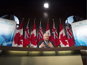 Ontario ombudsman Paul Dube holds a news conference at Queen's Park to discuss his annual report for the 2015-2016 fiscal year in Toronto on Wednesday, November 2, 2016.