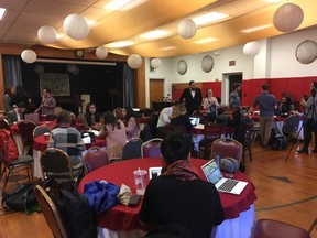 The newsroom for the students, set up in a hotel in Ogdensburg.